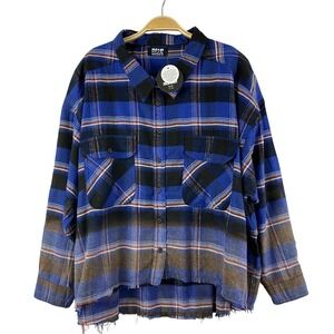 Jolie & Joy Cropped Flannel Shirt Women 3X Navy Plaid Grunge Distress Button Up